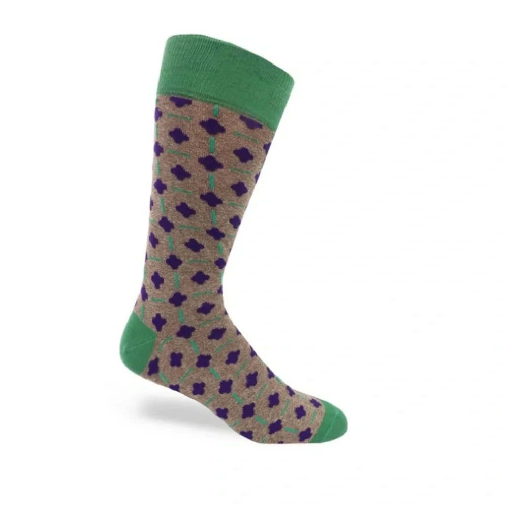 LORENZO UOMO MOROCCAN TILE PRINT CREW SOCKS BROWN GREEN COTTON OS NWOT